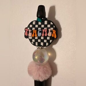 Checkered Teacher Handmade Pen with Pink Pom Pom